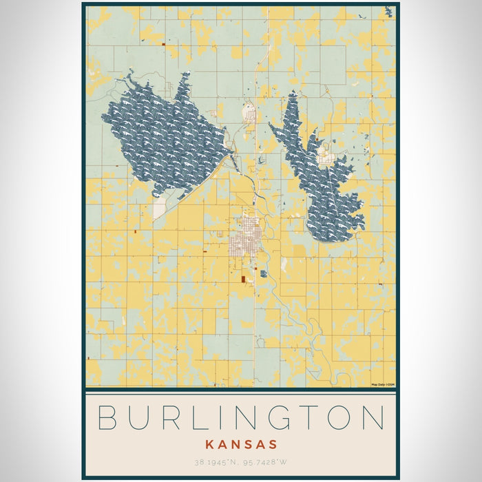 Burlington Kansas Map Print Portrait Orientation in Woodblock Style With Shaded Background