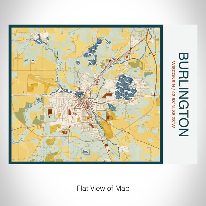 Rendered View of Burlington Wisconsin Map on 20oz Stainless Steel Insulated Bottle with Bamboo Top with printed woodblock style map
