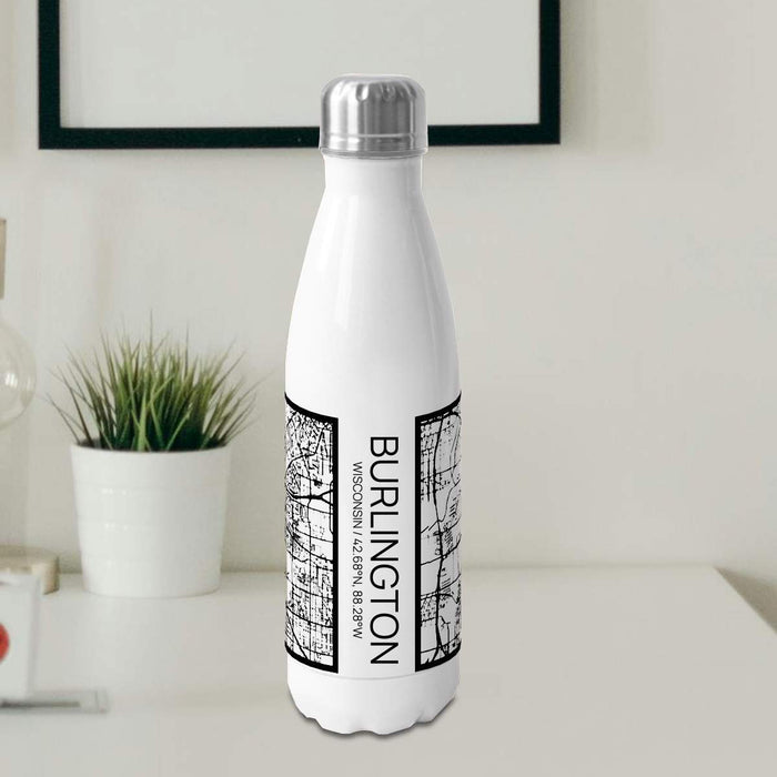 Burlington Wisconsin Custom City Map Inscription Coordinates on 17oz Stainless Steel Insulated Cola Bottle in Stainless in Matte White
