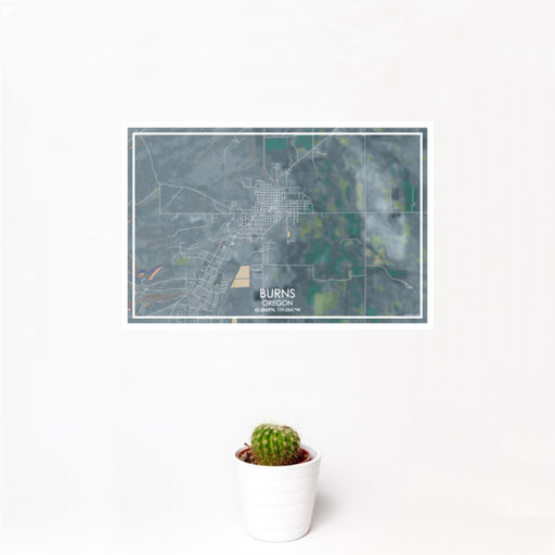12x18 Burns Oregon Map Print Landscape Orientation in Afternoon Style With Small Cactus Plant in White Planter