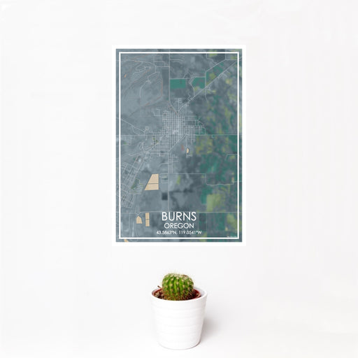 12x18 Burns Oregon Map Print Portrait Orientation in Afternoon Style With Small Cactus Plant in White Planter