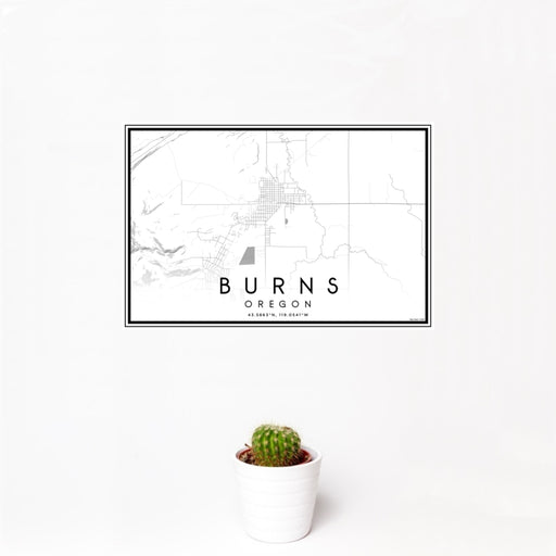 12x18 Burns Oregon Map Print Landscape Orientation in Classic Style With Small Cactus Plant in White Planter
