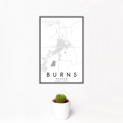 12x18 Burns Oregon Map Print Portrait Orientation in Classic Style With Small Cactus Plant in White Planter