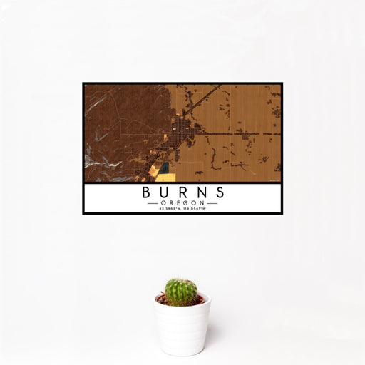 12x18 Burns Oregon Map Print Landscape Orientation in Ember Style With Small Cactus Plant in White Planter