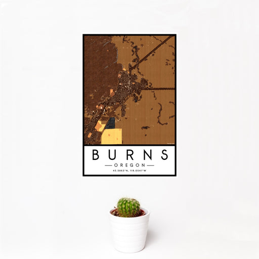 12x18 Burns Oregon Map Print Portrait Orientation in Ember Style With Small Cactus Plant in White Planter