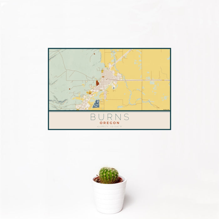 12x18 Burns Oregon Map Print Landscape Orientation in Woodblock Style With Small Cactus Plant in White Planter