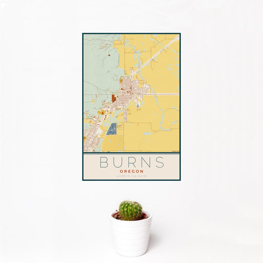 12x18 Burns Oregon Map Print Portrait Orientation in Woodblock Style With Small Cactus Plant in White Planter