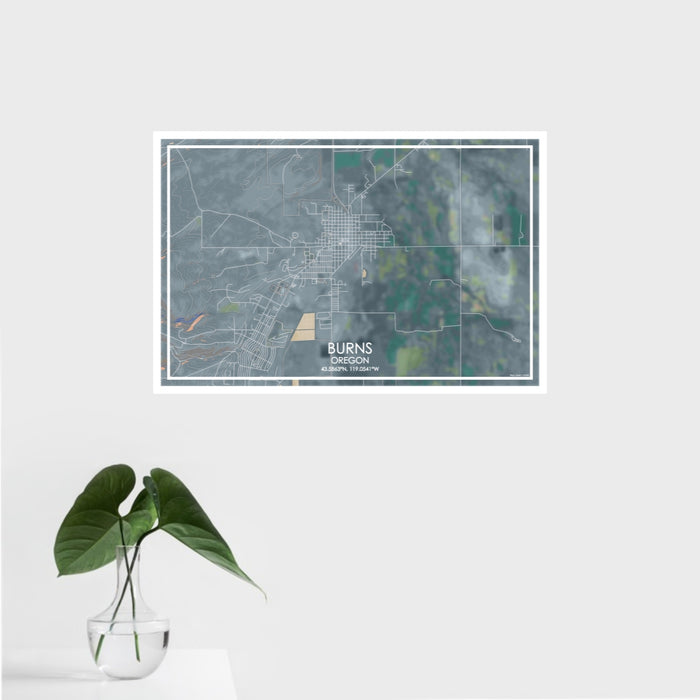 16x24 Burns Oregon Map Print Landscape Orientation in Afternoon Style With Tropical Plant Leaves in Water