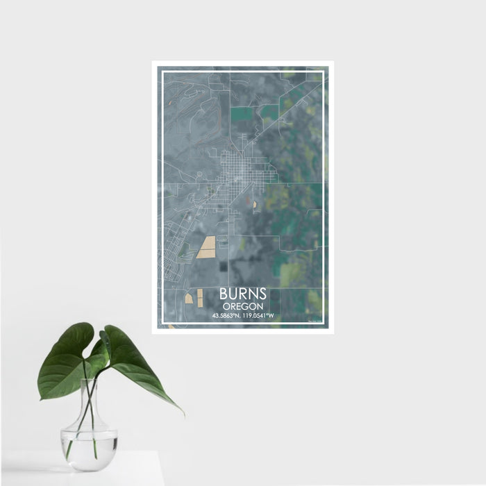 16x24 Burns Oregon Map Print Portrait Orientation in Afternoon Style With Tropical Plant Leaves in Water