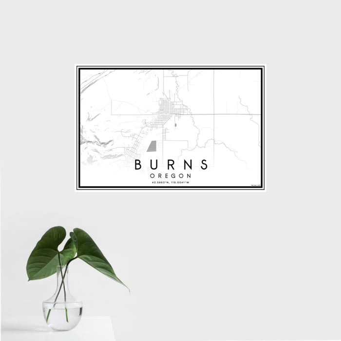 16x24 Burns Oregon Map Print Landscape Orientation in Classic Style With Tropical Plant Leaves in Water