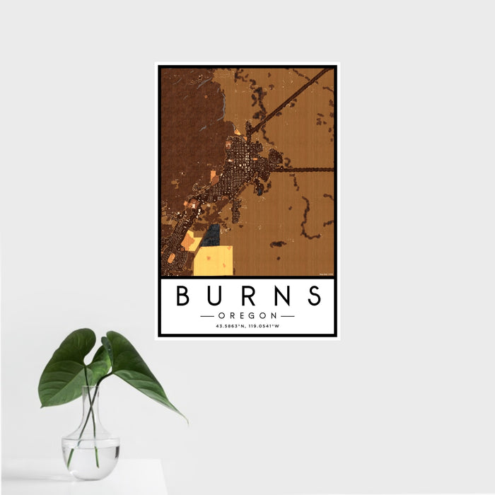 16x24 Burns Oregon Map Print Portrait Orientation in Ember Style With Tropical Plant Leaves in Water