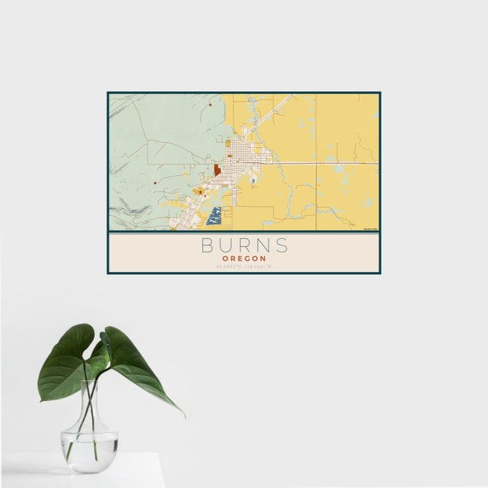 16x24 Burns Oregon Map Print Landscape Orientation in Woodblock Style With Tropical Plant Leaves in Water