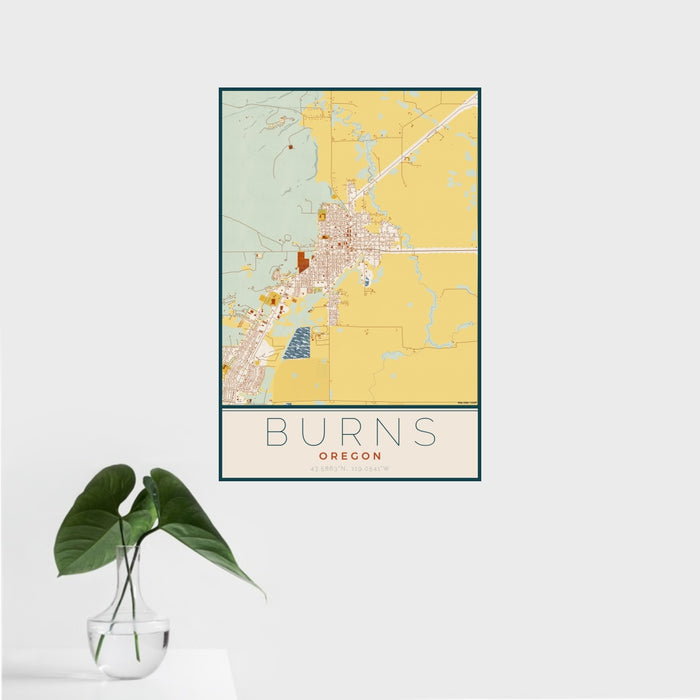 16x24 Burns Oregon Map Print Portrait Orientation in Woodblock Style With Tropical Plant Leaves in Water