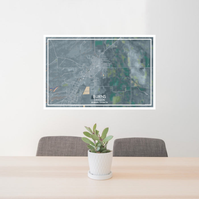 24x36 Burns Oregon Map Print Lanscape Orientation in Afternoon Style Behind 2 Chairs Table and Potted Plant