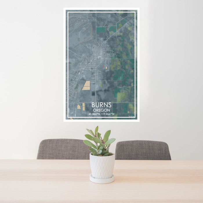 24x36 Burns Oregon Map Print Portrait Orientation in Afternoon Style Behind 2 Chairs Table and Potted Plant