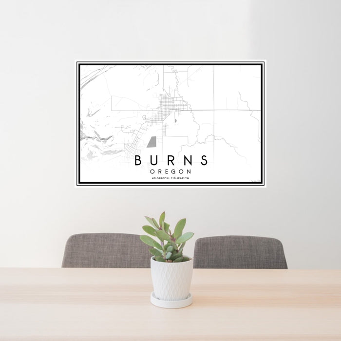 24x36 Burns Oregon Map Print Lanscape Orientation in Classic Style Behind 2 Chairs Table and Potted Plant
