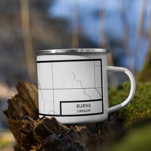 Right View Custom Burns Oregon Map Enamel Mug in Classic on Grass With Trees in Background