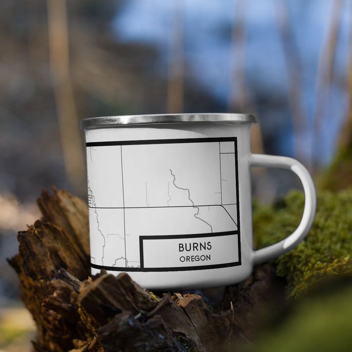 Right View Custom Burns Oregon Map Enamel Mug in Classic on Grass With Trees in Background