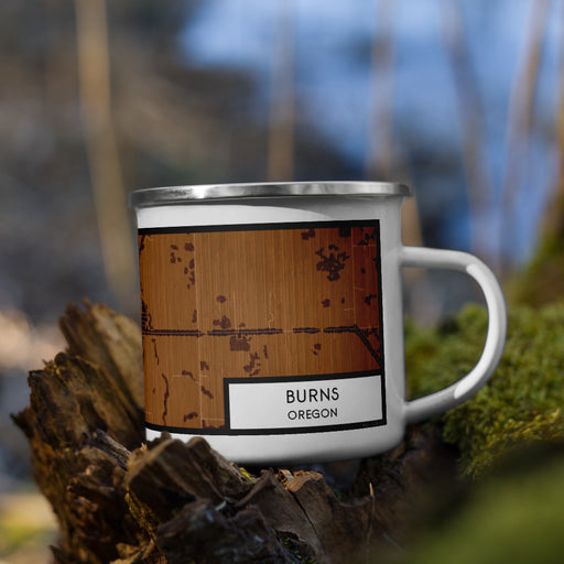 Right View Custom Burns Oregon Map Enamel Mug in Ember on Grass With Trees in Background