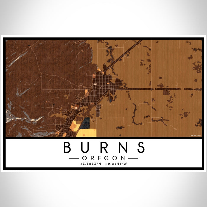Burns Oregon Map Print Landscape Orientation in Ember Style With Shaded Background