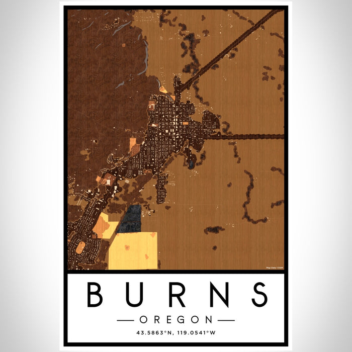 Burns Oregon Map Print Portrait Orientation in Ember Style With Shaded Background