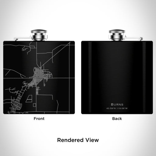Rendered View of Burns Oregon Map Engraving on 6oz Stainless Steel Flask in Black