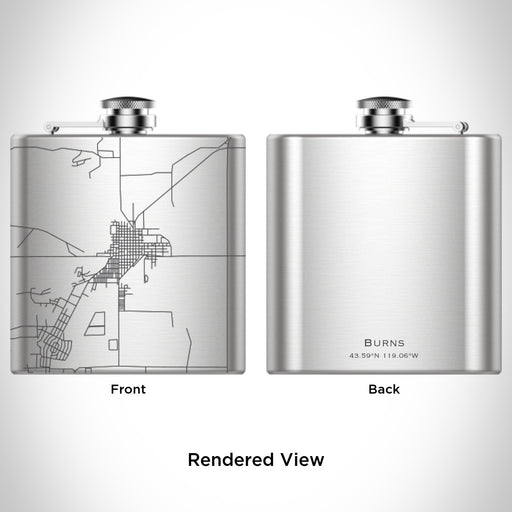 Rendered View of Burns Oregon Map Engraving on 6oz Stainless Steel Flask