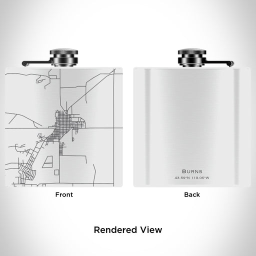 Rendered View of Burns Oregon Map Engraving on 6oz Stainless Steel Flask in White