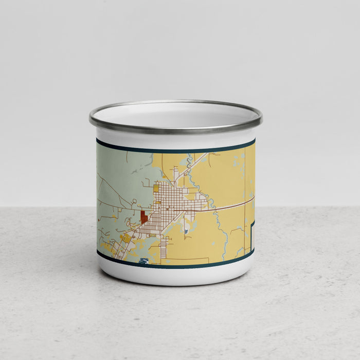 Front View Custom Burns Oregon Map Enamel Mug in Woodblock