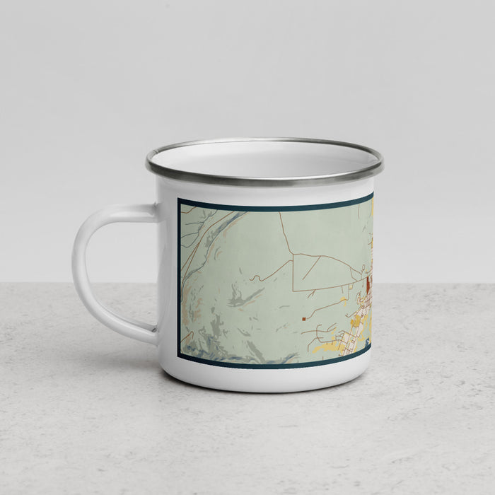 Left View Custom Burns Oregon Map Enamel Mug in Woodblock