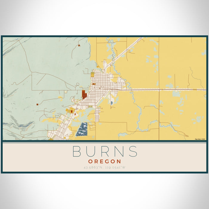 Burns Oregon Map Print Landscape Orientation in Woodblock Style With Shaded Background