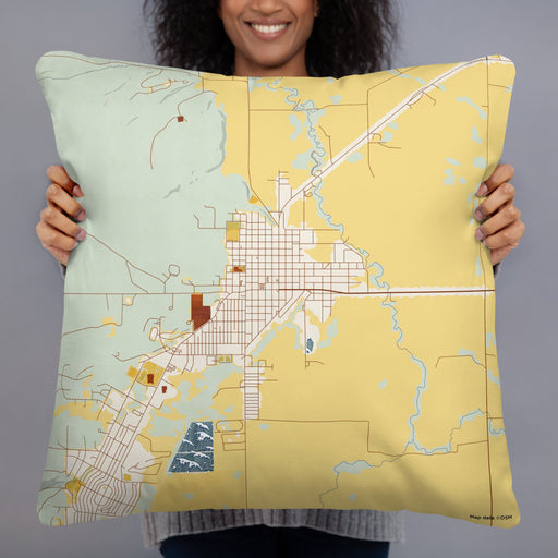 Person holding 22x22 Custom Burns Oregon Map Throw Pillow in Woodblock