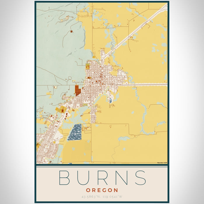 Burns Oregon Map Print Portrait Orientation in Woodblock Style With Shaded Background