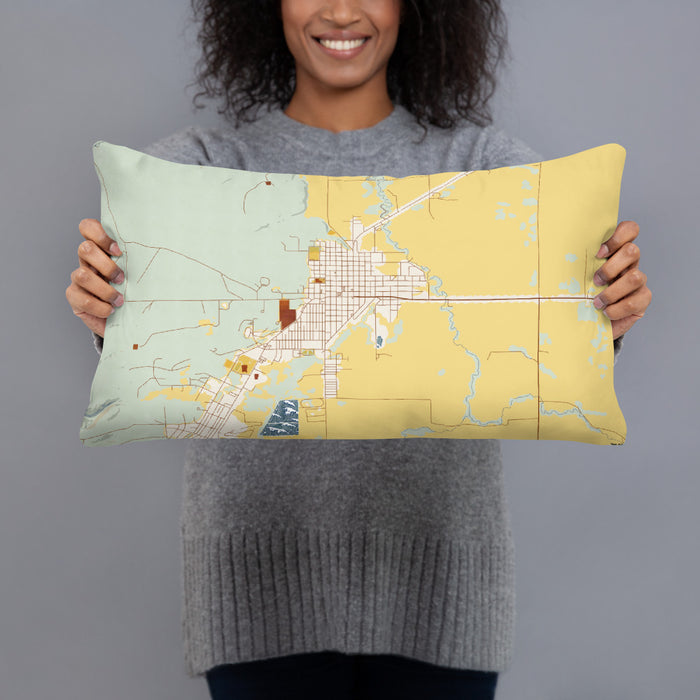 Person holding 20x12 Custom Burns Oregon Map Throw Pillow in Woodblock