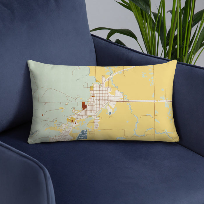 Custom Burns Oregon Map Throw Pillow in Woodblock on Blue Colored Chair