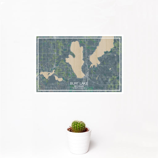 12x18 Burt Lake Michigan Map Print Landscape Orientation in Afternoon Style With Small Cactus Plant in White Planter