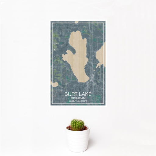 12x18 Burt Lake Michigan Map Print Portrait Orientation in Afternoon Style With Small Cactus Plant in White Planter