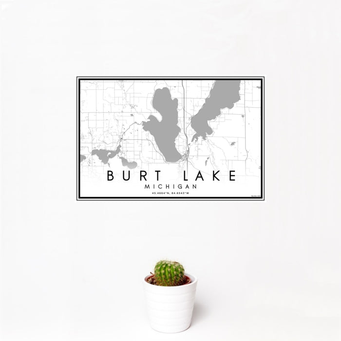 12x18 Burt Lake Michigan Map Print Landscape Orientation in Classic Style With Small Cactus Plant in White Planter