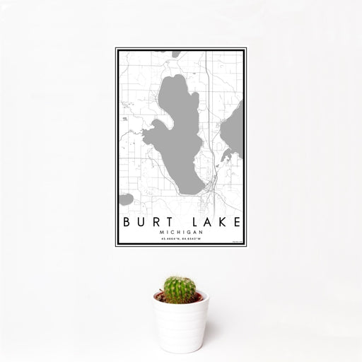 12x18 Burt Lake Michigan Map Print Portrait Orientation in Classic Style With Small Cactus Plant in White Planter