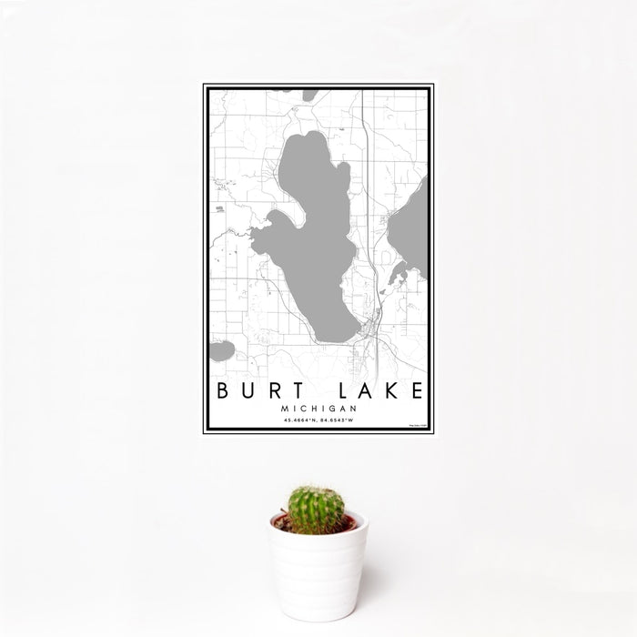 12x18 Burt Lake Michigan Map Print Portrait Orientation in Classic Style With Small Cactus Plant in White Planter