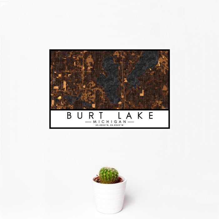 12x18 Burt Lake Michigan Map Print Landscape Orientation in Ember Style With Small Cactus Plant in White Planter