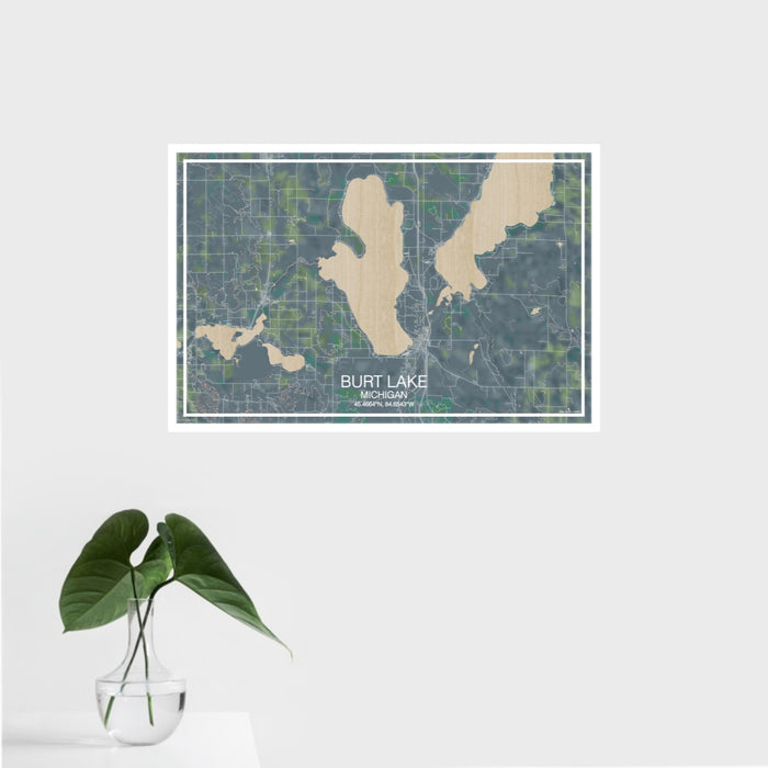 16x24 Burt Lake Michigan Map Print Landscape Orientation in Afternoon Style With Tropical Plant Leaves in Water