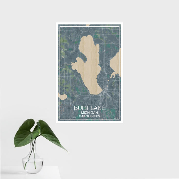 16x24 Burt Lake Michigan Map Print Portrait Orientation in Afternoon Style With Tropical Plant Leaves in Water