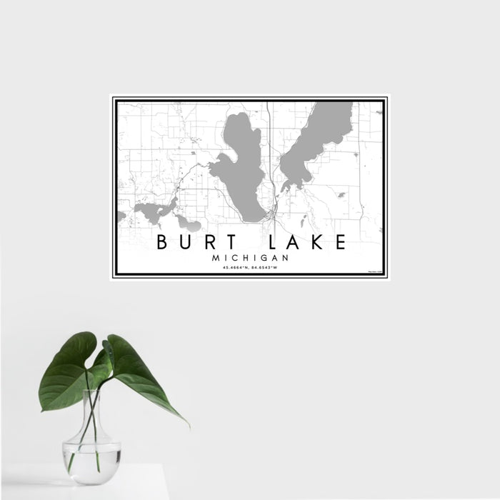 16x24 Burt Lake Michigan Map Print Landscape Orientation in Classic Style With Tropical Plant Leaves in Water