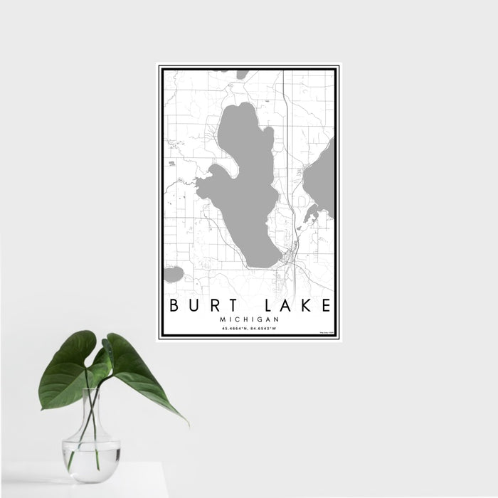 16x24 Burt Lake Michigan Map Print Portrait Orientation in Classic Style With Tropical Plant Leaves in Water