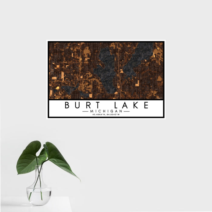 16x24 Burt Lake Michigan Map Print Landscape Orientation in Ember Style With Tropical Plant Leaves in Water