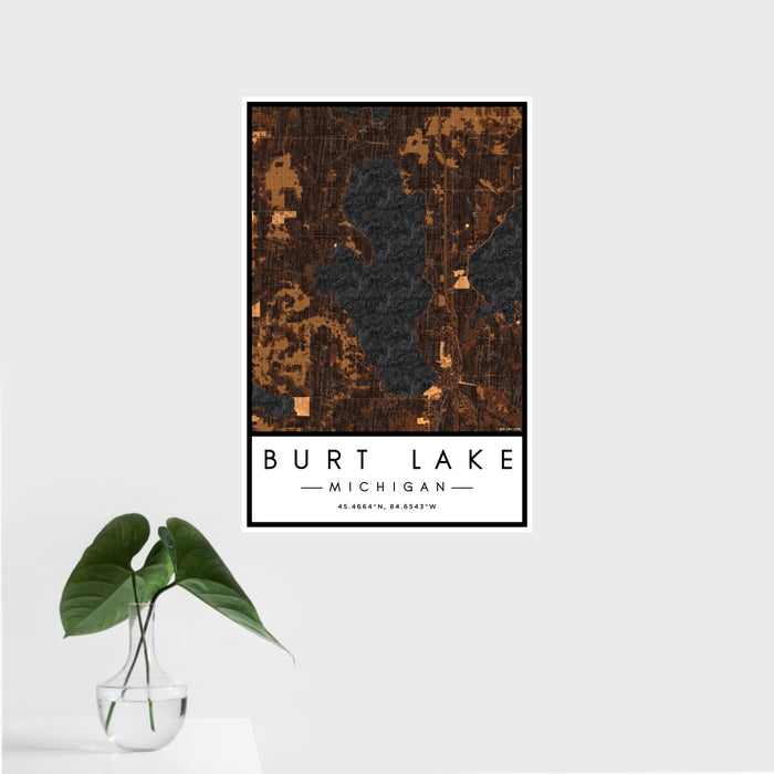 16x24 Burt Lake Michigan Map Print Portrait Orientation in Ember Style With Tropical Plant Leaves in Water
