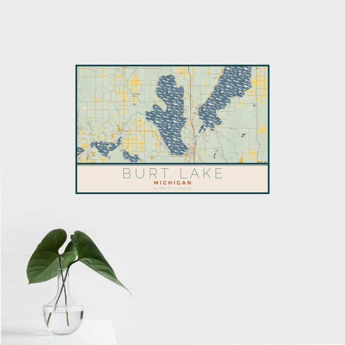 16x24 Burt Lake Michigan Map Print Landscape Orientation in Woodblock Style With Tropical Plant Leaves in Water