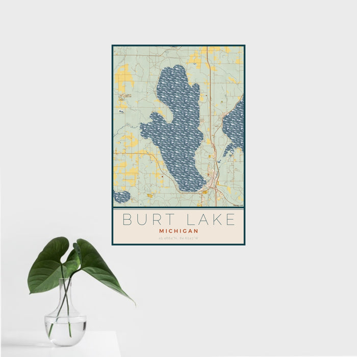 16x24 Burt Lake Michigan Map Print Portrait Orientation in Woodblock Style With Tropical Plant Leaves in Water