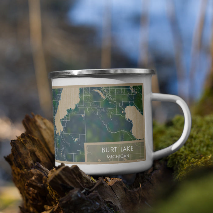 Right View Custom Burt Lake Michigan Map Enamel Mug in Afternoon on Grass With Trees in Background